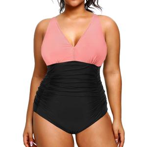 Aqua Eve Women Plus Size One Piece Swimsuits V Neck Tummy Control Bathing Suits Retro Ruched Swimwear Pink and Black 12 Plus