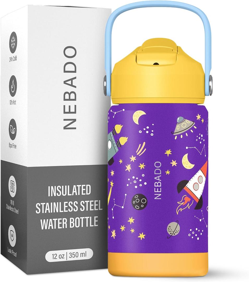 2 x Kids Stainless Steel Insulated Water Bottle with Straw 12oz - Leak Proof Toddler Thermos Cup for School, BPA Free with Handle & Non-Slip Silicone Base, Dishwasher Safe, Cosmic Purple