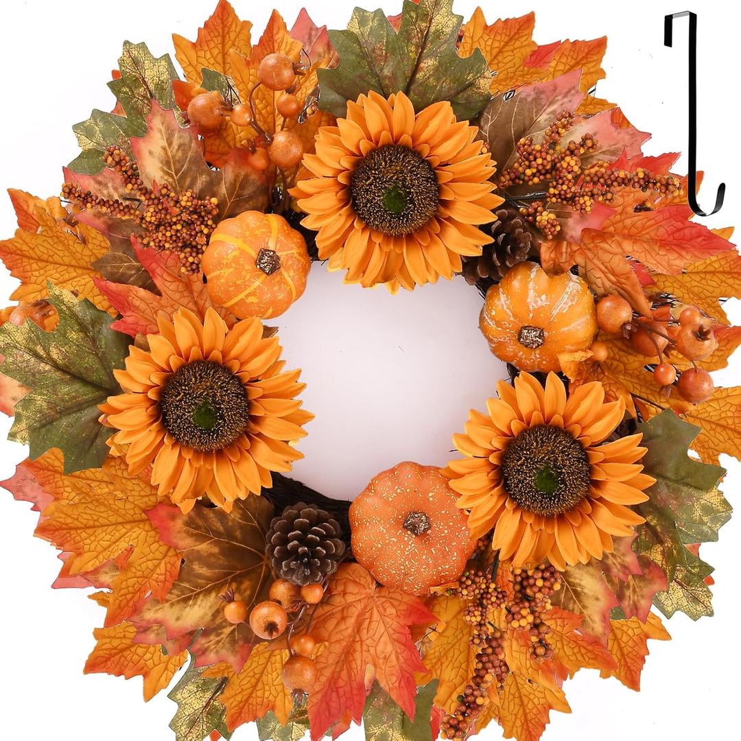 20 Inch Fall Wreaths for Front Door, Autumn Wreath with Pumpkins, Sunflowers, Pine Cones, Berries. Thanksgiving Harvest Front Door Wreath Decor, Farmhouse Outdoor Halloween Wreaths for Outside Indoor