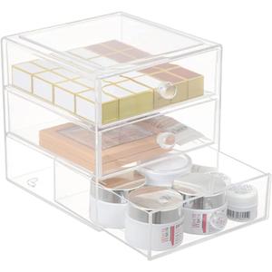 Makeup Drawer Organizer Box with 3 Drawers, Acrylic Cosmetic Display Case Vanity Organizer Jewelry Storage Box Stackable Storage for Cosmetics, Skin Care, Bathroom, Countertop, Clear