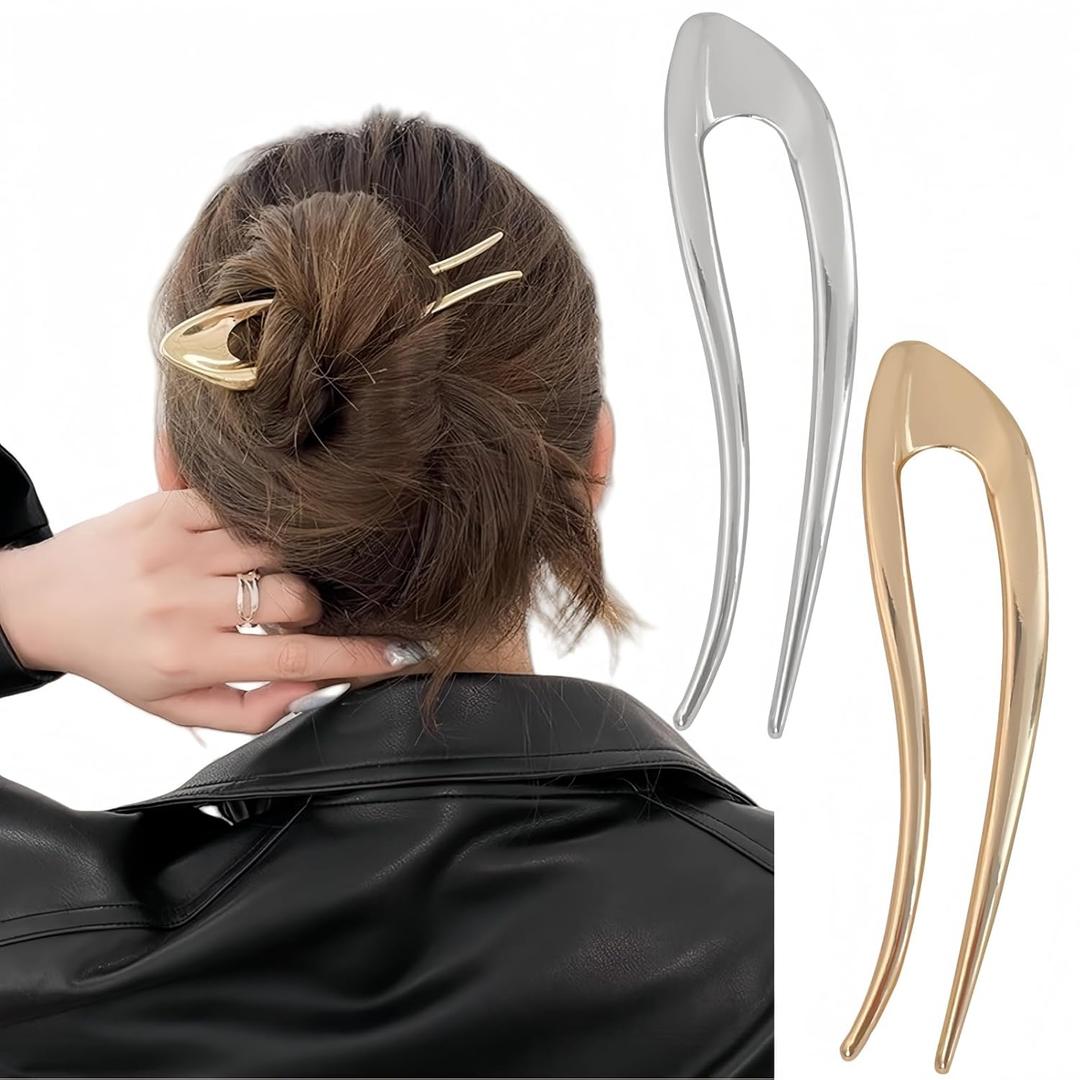 FRDTLUTHW 2PCS 5.1Inch Large Long U Shaped French Twist Metal Hair Pins for Women,Vintage Silver Gold Hairpins,Jumbo Hair Forks for Long Thick Hair,Hair Accessories Chignon Hair Sticks for Bun Updo