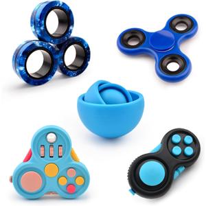Fidget Toys Adults Pack 5Pcs,Fidget Spinner with Magnetic Rings Gyro,Fidget Controller Autism Sensory Toys,ADHD Stress Anxiety Desk Fidgets,Easter Basket Stuffers for Kids Teen Boys(BU) (Blue)