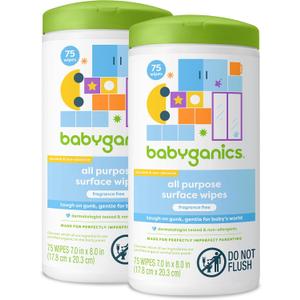 Babyganics All Purpose Surface Wipes, FragranceFree, 75 Count and NonAbrasive, No Ammonia, No Bleach (Pack of 2)