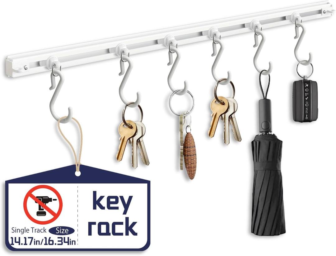 Drill Free Adhesive Sliding Hook Rail, Multi-Purpose Adjustable Hanging Track, Heavy Duty No Drill Towel Rack Key Holder Organizer Hooks for Bathroom Kitchen Entryway Bedroom 8pcs (16.34inch/pc)