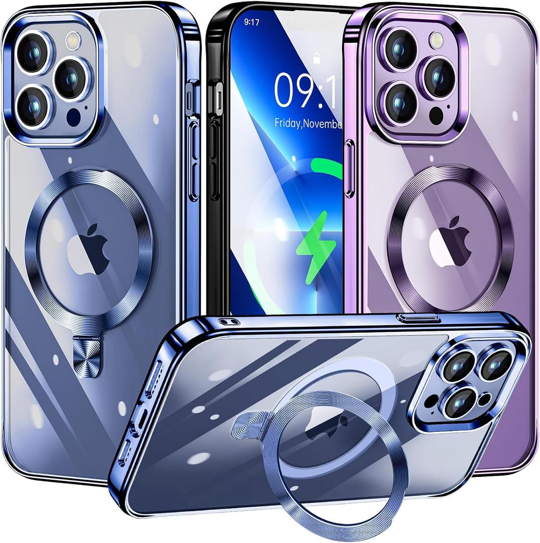 [CD Ring Compatible with MagSafe Invisible Stand]Magnetic for iPhone 13 Pro Max Case, [Electroplated Bumper Non-Yellowing][Look as Bare iPhone]Slim Clear Case with Holder for Women Men Girls (Sierra Blue)