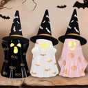 Halloween Decorations Indoor, Set of 3 Ceramic Halloween Ghosts with Witch Hats, Cute Spooky Lighted Decor Ghost Figurines Witch Hat Scary Pumpkin Bats Boo for Home Mantel Shelf Table Decor