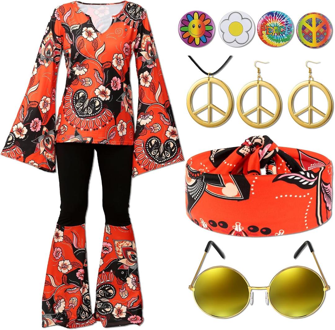 Jiuguva 17Pcs 60s 70s Outfits for Women Hippie Costume Set Disco Outfit Dress Boho Flared Pants Hippie Shirt Headband (Medium)