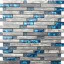 Blujellyfish Gray Marble Tile for Kitchen Backsplash 12 in. x 12 in. x 8 mm Teal Blue Glass Mosaic Bathroom Shower Wall Linear Tiles (Pack of 5 Sheets)