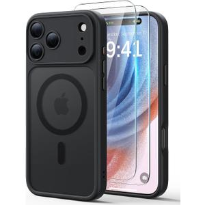JJL for iPhone 17 Pro Max Case with 2 Pack Screen Protectors, Compatible with MagSafe, Full Camera Protection, Translucent Matte Magnetic Phone Cover, Black