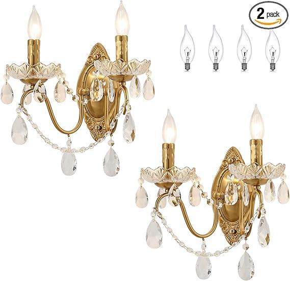 Ondersley Crystal Wall Sconce Set of 2, Crystal Wall sconces, Vintage Wall sconces, Gold Brass Finish with Glass Drops, for Bedroom Living Room Bathroom Vanity Mirror Light Fixtures