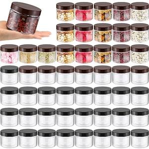 Mifoci 50 Pcs 9.5oz Clear Plastic Jars Containers Wide Mouth Food Storage Jar for Kitchen Dry Food Butter Honey Cosmetics Cream, Black and Brown (3.35''l x 2.56''h)