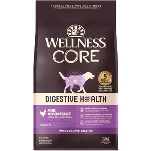 Wellness CORE Digestive Health Senior Dry Dog Food, Wholesome Grains, Natural, Recipe for Dogs with Sensitive Stomachs, Age Advantage Chicken & Brown Rice, (24-Pound Bag)