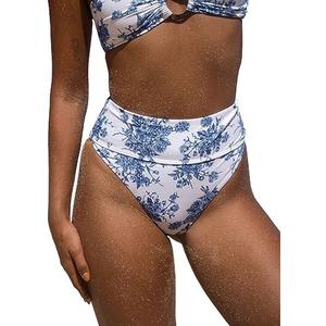 BERLOOK Women's Floral High Cut Wide Waistband Ribbed Tummy Control Coverage Bikini Bottom, M