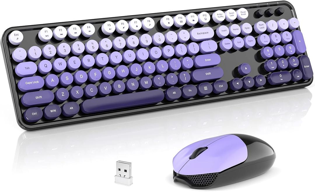 Wireless Keyboard and Mouse Combo, 2.4GHz Retro Full-Size Typewriter Keyboard with Number Pad and Wireless Mouse for PC/Laptop/Desktop/Windows (Black Purple Colorful)
