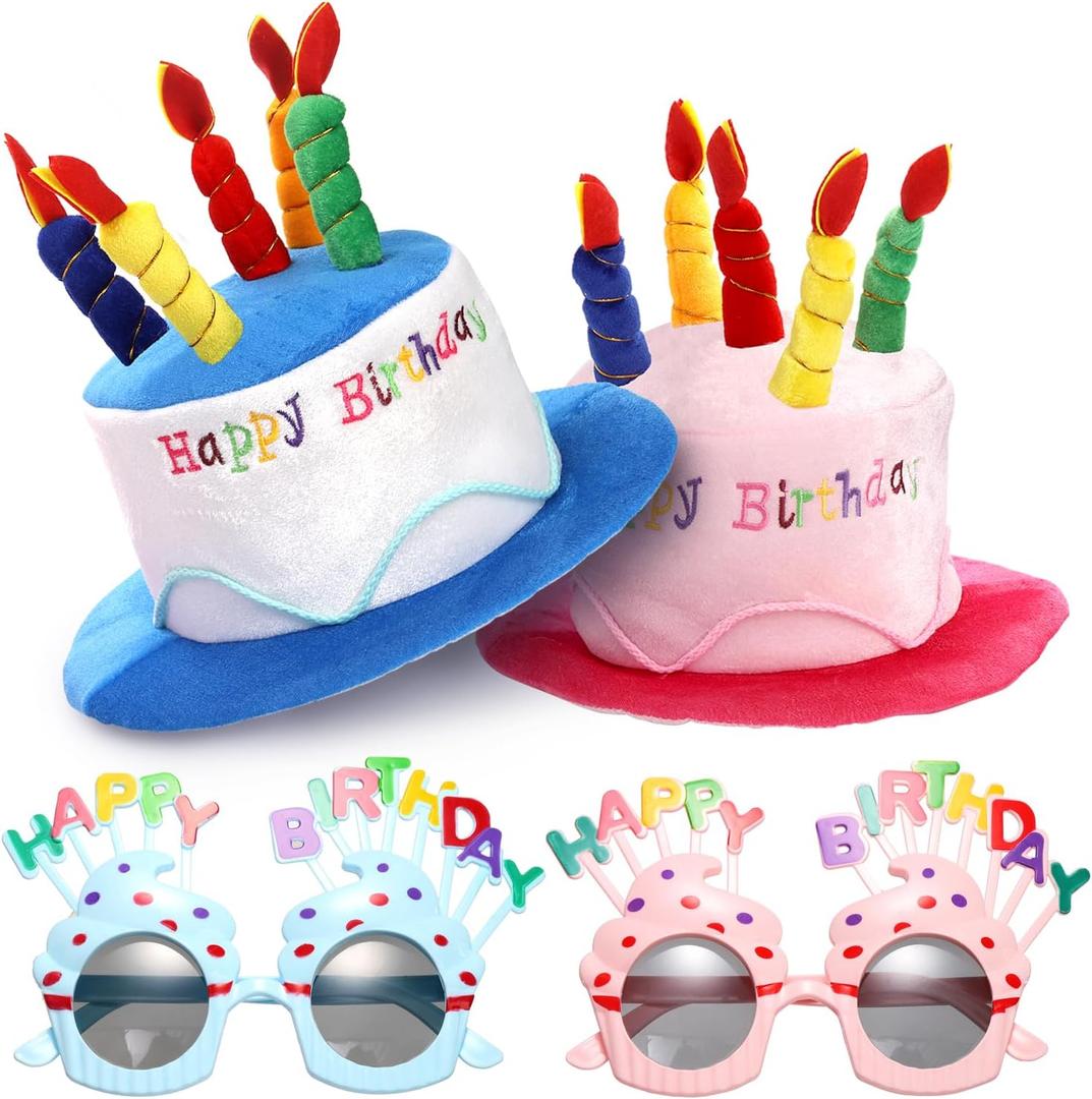 Okllen Birthday Hats Set of 2 for Adults, Plush Cake Hats with Sunglasses, Funny Party Novelty Hats for Birthday Party Favors, Blue & Pink