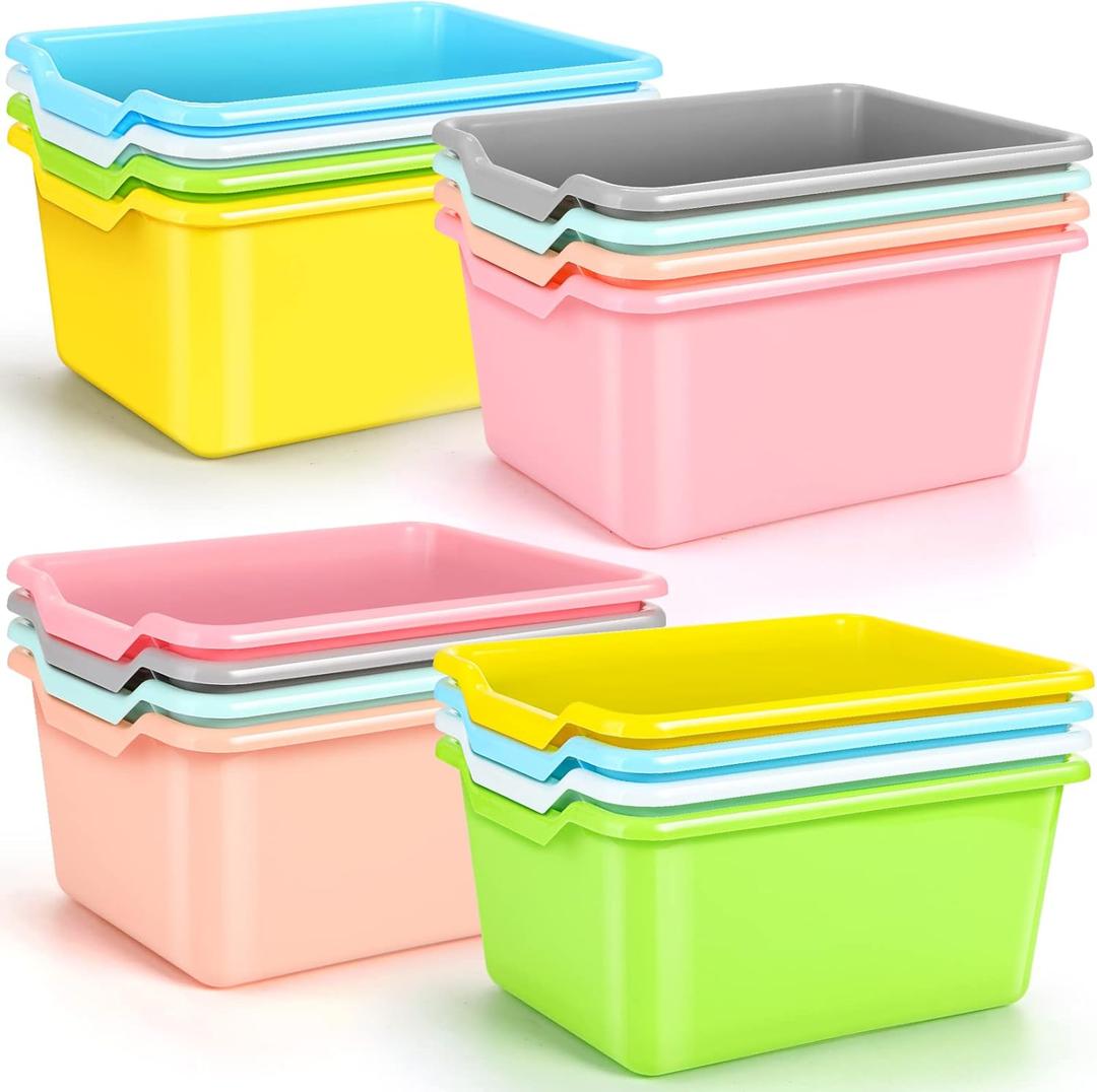 Dandat 16 Pcs Plastic Cubby Bins Book Bins for Classroom Library Scoop Front Stackable Toy Storage Tubs Containers for School Office Home Nursery Playroom Organization(Candy Color)