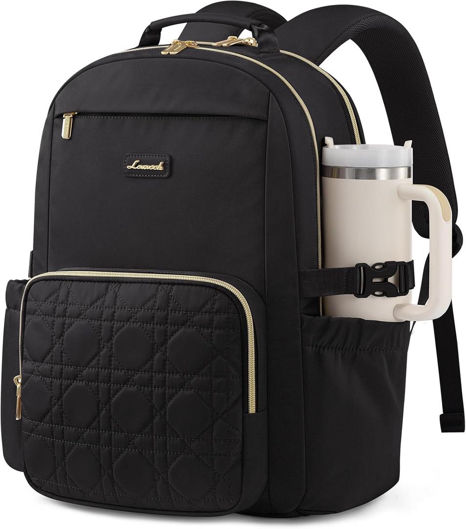 LOVEVOOK Laptop Backpack for Women with Pouch Pocket for Large Capacity Cup,18 Inch Teacher Nurse College Work Backpack Purse,Waterproof Laptop Bag Computer Back Pack for Travel,Black+Wicker pattern