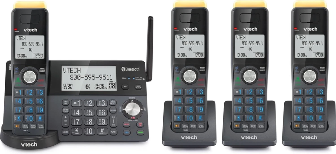 VTech IS812841 Super Long Range 4Handset DECT 6.0 Cordless Phone for Home with Answering Machine, 2300 ft Range, Call Blocking, Bluetooth Connect to Cell, Intercom