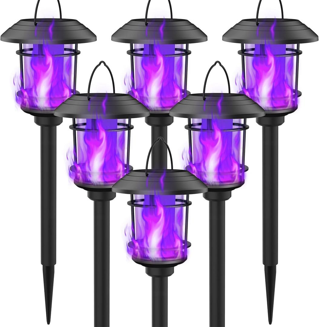 Dynaming 6 Pack Solar Flame Torch Lights Outdoor, Dual Use Flickering Purple Flame Garden Light, Hanging Lantern, Auto On/Off & Waterproof Halloween Lighting for Lawn Patio Yard Walkway Driveway
