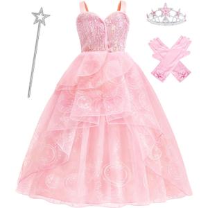 Pink Witch Costume for Girls with Crown Wand Gloves,Halloween Costume for Kids Girls Good Witches Princess Dress Up (5-6 Years)