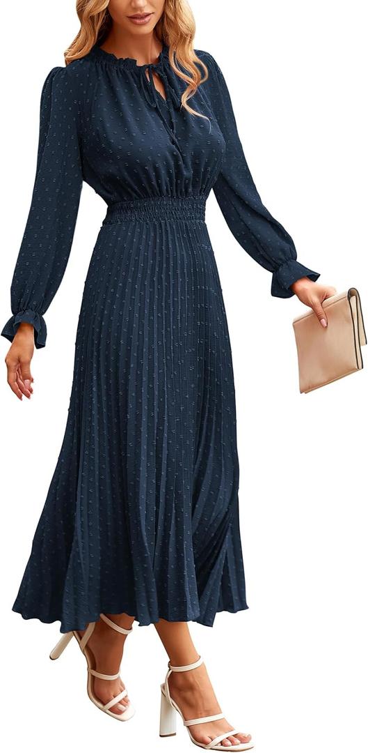 PRETTYGARDEN Women's 2026 Spring Fall Midi Dress Casual Long Sleeve V Neck Swiss Dot Pleated A Line Flowy Dresses (Blue, XL)