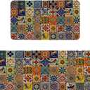 Mexican Talavera Kitchen Rugs Sets of 2 Non Slip Washable, Mexican Tile Kitchen Mats for Floor 2 Piece Home Decor