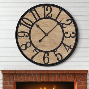 Maxstar Large Wall Clock for Living Room,Metal & Wood Silent Rustic Farmhouse with Arabic Numeral, Battery Operated Wall Clocks Decorative for Bedroom Office Home Decor 24inch Black