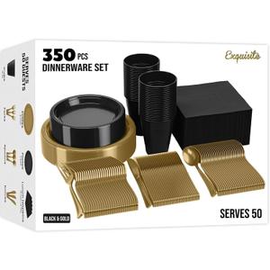 350 Pcs Black & Gold Plastic Plates For Party, Black & Gold Disposable Plates Set, 50 Of Each 9" Dinner Plate Set, 7" Dessert Plate, Cups, Napkins & Cutlery Plastic Dinnerware Party Solids