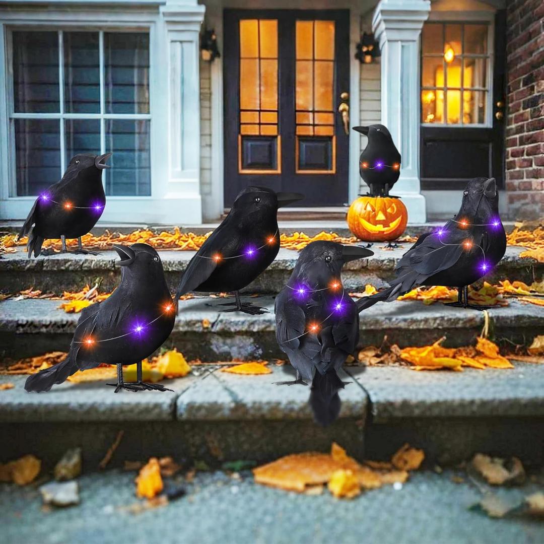 6 Packs Halloween Crows Decorations, Realistic Black Feathered Lighted Crow with Orange & Purple Lights Battery Operated Halloween Ravens Prop Decor for Indoor Outdoor Garden Tree Yard