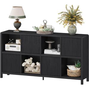 FATORRI 8 Cube Storage Organizer Bookshelf with 4 Doors, Low Horizontal Bookcase with Storage, Long Wood Book Shelf for Dining, Home Office (Black)