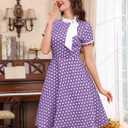 50s Style Dresses for Women Vintage Short Sleeve Tie Neck Polka Dot 1950s Housewife Dresses for Womens Swing 50s Audrey Hepburn Church Cocktail Dress Retro Tea Party Dress Up Purple XL