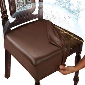 Waterproof Dining Chair Seat Covers Leather Kitchen Seat Covers, Stain Resistant Stretch Chair Seat Covers for Dining Room Chairs Set of 8, Rear Covered Washable Dining Chair Covers Coffee