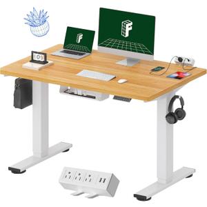 FLEXISPOT EN2 Whole-Piece Standing Desk with Clamp Power Strip, 48 x 30 Electric Stand Up Height Adjustable Desk with Cable Management (White Frame + 48" Maple Top, 2 Packages)