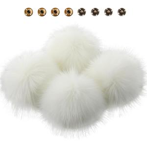 Juinte 8 Pcs 6 Inch Large Fur Pom Pom Balls for Hats Fluffy Faux Fur Pompom Balls with Snap Button for Hat Shoes Scarves Bag Charms DIY Crafts (White)