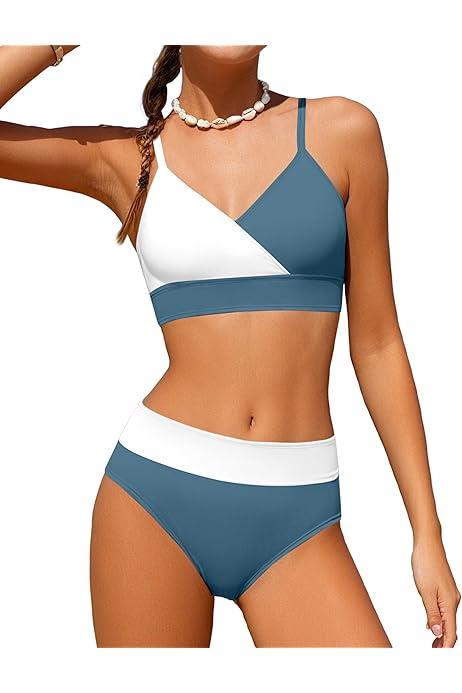 Girls Swimsuit V Neck Bikini Set Color Block with Cover Up 3Pcs Bathing Suits, 15-16Y