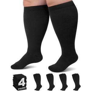 Plus Size Compression Socks for Women Men Wide Calf L/XL-5XL (15-20mmhg) Knee High Socks Support Compression Stockings for Nurses and Flying - Black - 4 Pairs