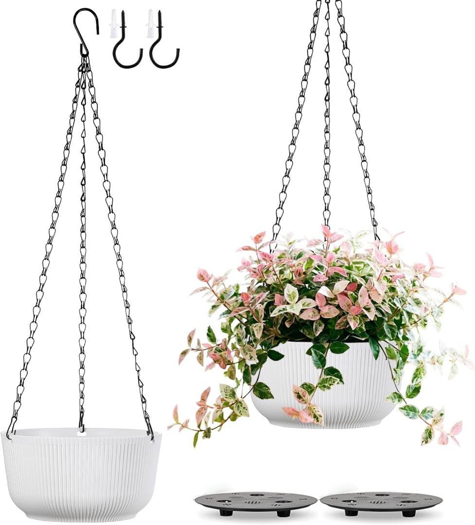 Set of 2 Hanging Pots for Plants Indoor Outdoor, 8 Inch Self-Watering Hanging Planters with Internal Saucer, Drainage Hole & Plug (Hooks)