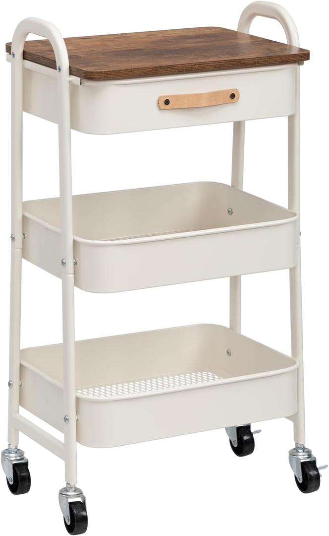AGTEK Makeup Cart Movable Rolling Organizer Cart with Drawer, 3 Tier Metal Utility Cart with Hanging Cups, Drawer with Leather Handle, Mobile Trolley Cart for Home & Office, White