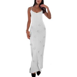Women's Knit Maxi Dress Spaghetti Strap Floral Dresses Bodycon Knitted Beach Long Dress Backless Swim Cover up Dresses (Medium, 3d Flower-white)