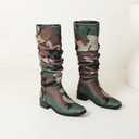 YIYA Women's Camouflage Slouchy Knee High Boots Square Toe Chunky Flat Heel Riding Combat Tall Pull On Boots (4, Brown)