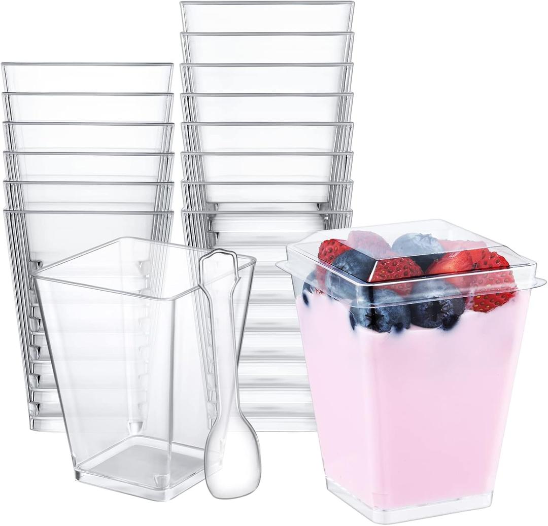SHOPDAY 5 oz Plastic Dessert Cups with Lids 100 Pack Small Clear Square Parfait Cups with Spoons, Mini Plastic Tumbler Serving Cups for Tasting Party Appetizers Mousse Yogurt