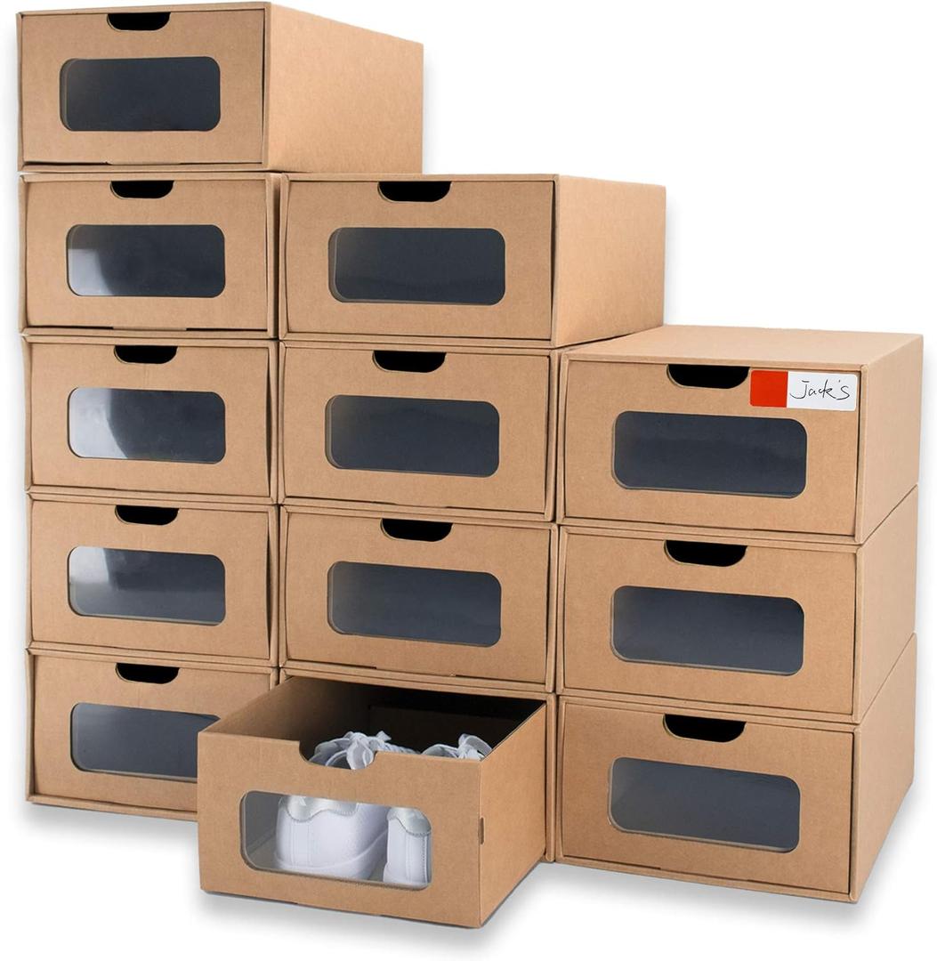Shoe Box 12 Pack,13.2 x 8.3 x 5.1in Waterproof Storage Boxes, Socks, Stationery, Toys, Underwear,Heavy Duty,Stack-able Cardboard Boxes,with Marking Labels,Transparent Window
