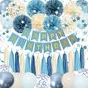 Dusty Blue Party Decorations with Blue Sand Gold Balloons, Happy Birthday Banner, Paper Pompoms, Star Banner for Boys Kids Party Decor