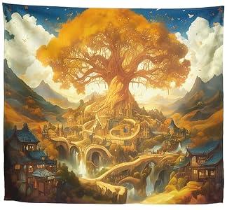 Xolytar Fantasy Landscape Tapestry Golden Elven City - Enchanted World Tree Wall Art, Magical Fairytale Kingdom Decor for Library, Gamer Room, Book Lover (50x60)