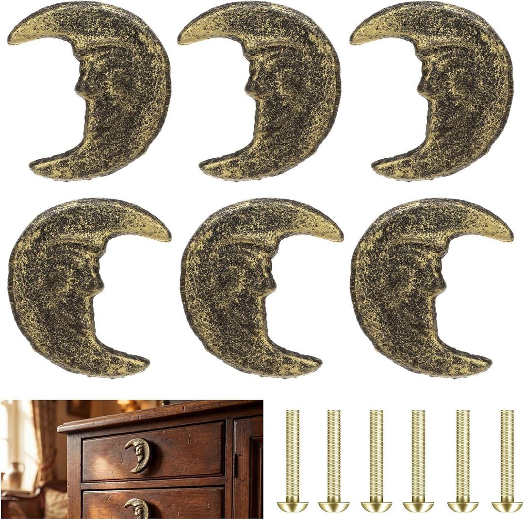 6 Pcs Unique Cabinet Knobs Moon Drawer Pulls Gothic Dresser Knobs Finish Cast Iron Crescent Moon Face Cabinet Handles Retro Vintage Gothic Drawer Pulls Whimsical Decor for Kitchen Wardrobe
