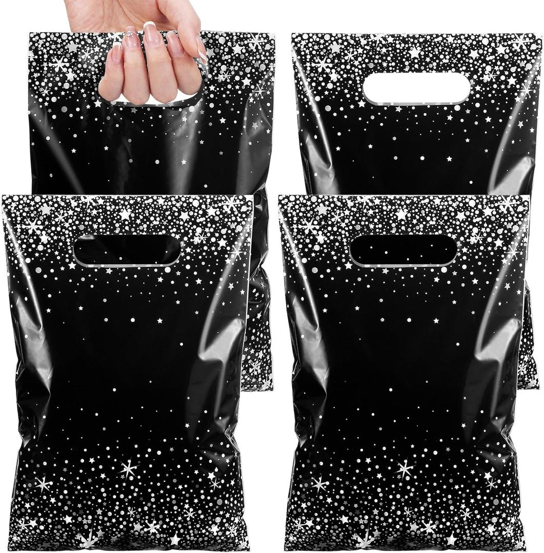 Pasimy 50 Pcs Black and Silver Party Favor Gift Bags Die Cut Plastic Treat Goodie Merchandise with Handle for Birthday Party Wedding Bridal Baby Shower Christmas New Year Gift Supplies