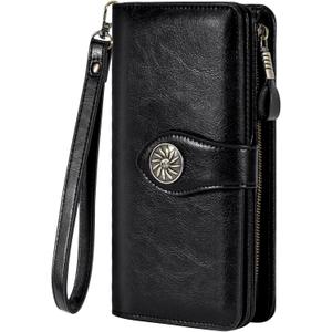 Travelambo Women's Wallet RFID Blocking Credit Card Holder Large Capacity Wristlet Leather Wallets Purse (Black)