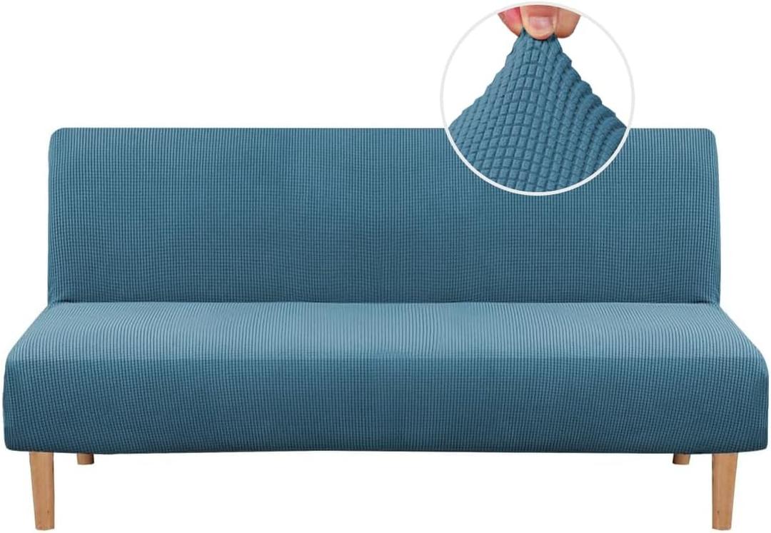 H.VERSAILTEX Armless Futon Cover Stretch Sofa Bed Slipcover Protector Elastic Feature Rich Textured High Spandex Small Checks Jacquard Fabric Futon Cover, Machine Washable, Storm Blue