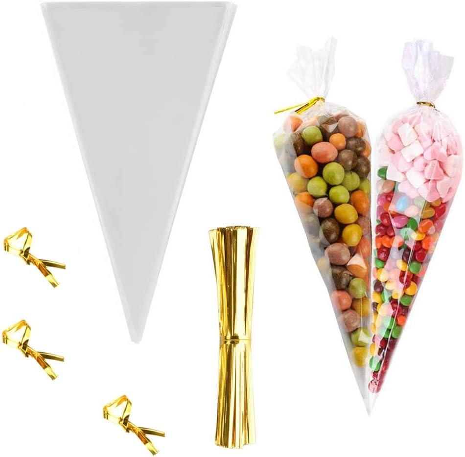 FUNNYARD Cone Bag 100PCS Mini Clear Cello Treat Bags Popcorn Bags 5.1 by 9.8 Inch Triangle Cellophane Bag with Twist Ties