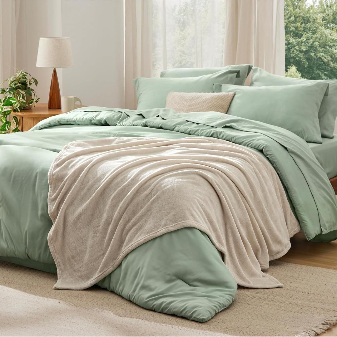 Bedsure Queen Comforter Set Sage Green, 8 Pieces Prewashed Queen Size Bed in a Bag with Soft Fleece Bed Blanket, Down Alternative Bedding Set for All Seasons, Sheets, Pillowcases & Shams